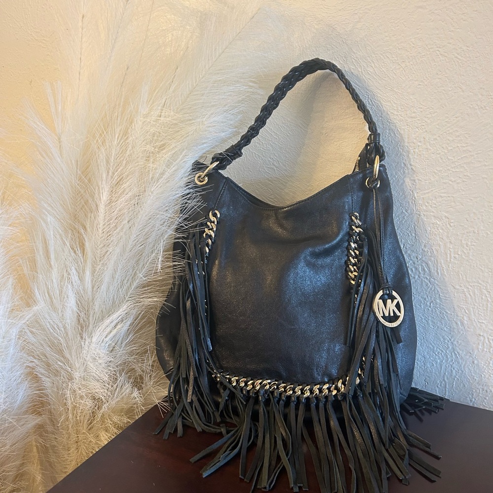 Michael Kors Black Leather Fringe Purse with Gold Chain Accents